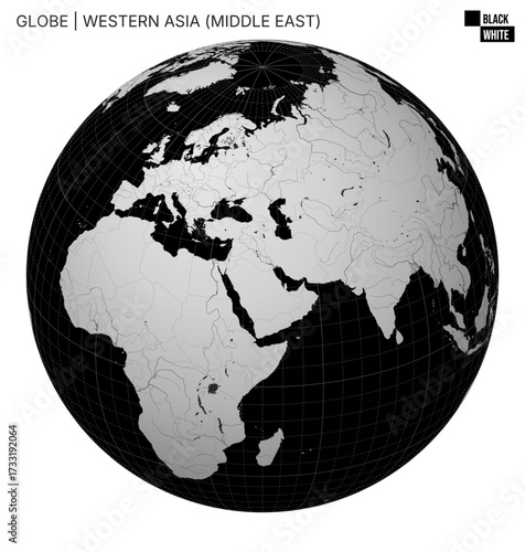 Vector Globe centered to Western Asia (Middle East). Black White palette. World map with meridians, parallels, countries, rivers and lakes. Authentic vector illustration.