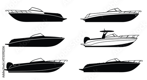 Four different silhouettes of modern speedboats and a cabin cruiser design