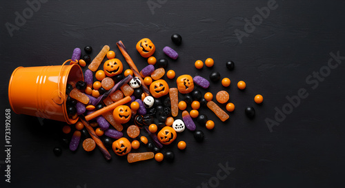 Halloween Candy Spill with Pumpkins and Spooky Sweets on Black Background