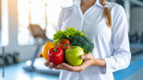 Wallpaper Mural Nutritionist holding healthy fruits and vegetables in gym background. Torontodigital.ca
