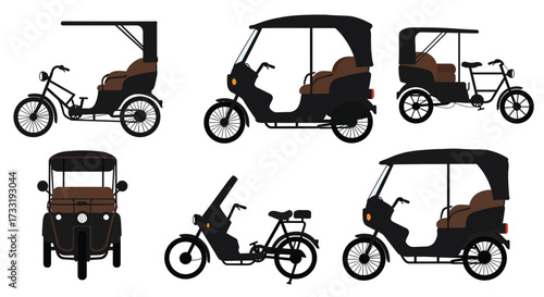 Detailed illustrations of traditional cycle rickshaws in various perspectives shown