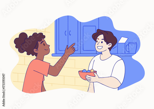 Diverse Young Adults Collaborating Joyfully in a Modern Kitchen Setting Illustration