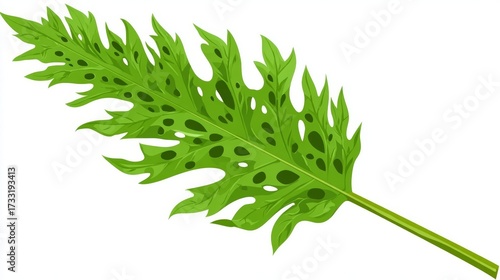 Wallpaper Mural A vibrant green, deeply lobed and perforated tropical plant leaf on a white background, showcasing its unique texture and form. Torontodigital.ca