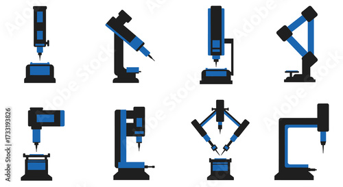 Diverse collection of industrial robotic arms in a schematic illustration