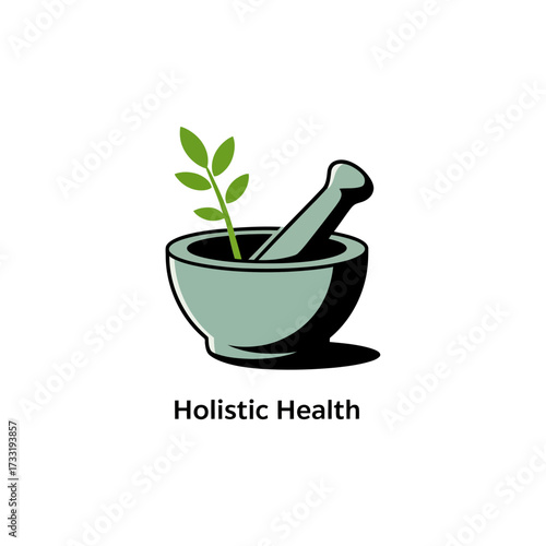 Herbal mortar and pestle, sprouting leaf accent, holistic health logo, natural remedies branding, botanical wellness identity, vector design