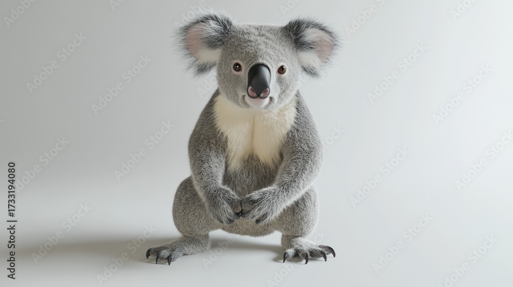 Obraz premium Koala bear standing on a white background with soft gray fur