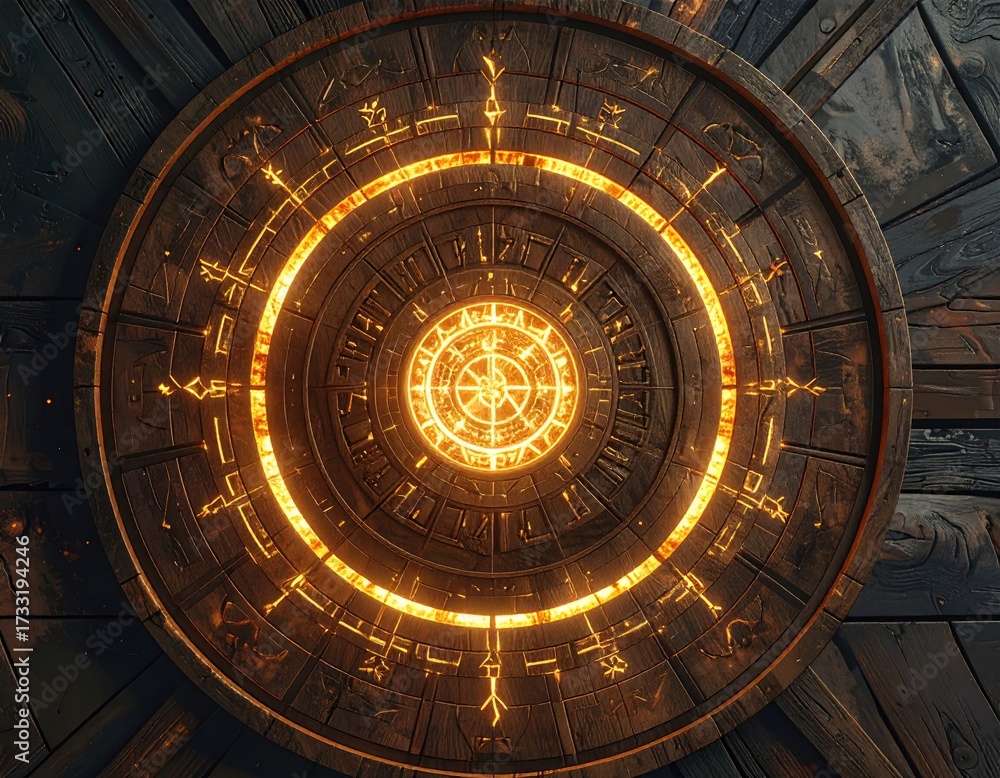 Obraz premium Intricate, glowing symbols encircle a luminous center on a dark wooden disc.