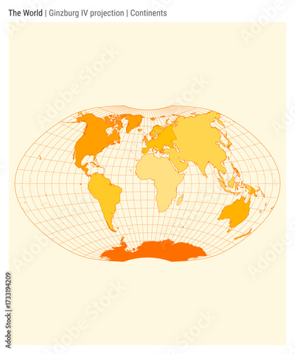 World Map. Ginzburg IV projection. Continents style. High Detail World map for infographics, education, reports, presentations. Vector illustration.