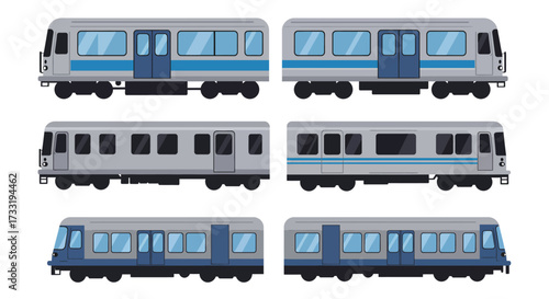 Illustration of various subway car designs in different color schemes