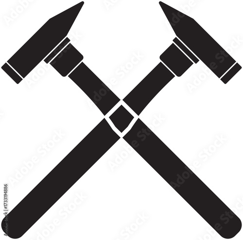 Silhouette of crossed engineer hammers, representing forging, construction, and metal shaping. Ideal for engineering icons, workshop graphics, manufacturing symbols, and industrial tool illustrations.