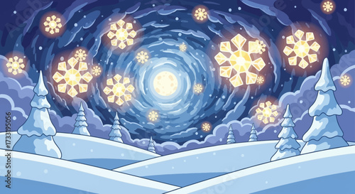 Glowing snowflakes in a winter wonderland.