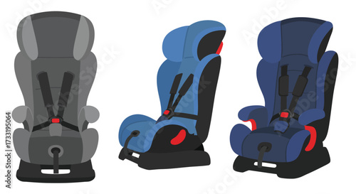 Three colorful child car seats shown in a side view illustration