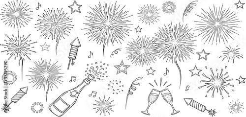 Festive Celebration Fireworks, Champagne, and Stars - A celebratory monochrome illustration for any event