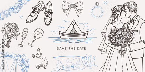 Charming hand drawn wedding elements including a kissing couple flowers shoes and a boat