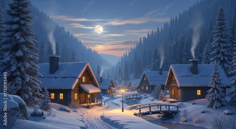 Fototapeta premium A serene winter landscape with snow-covered houses, a bridge, and a moonlit sky.