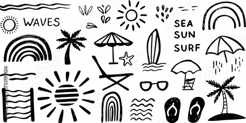 Collection of hand drawn black and white summer beach vacation icons and symbols on a white background