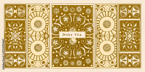 Ornate decorative panels with dolce vita text and floral motifs in earthy tones