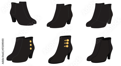 A collection of stylish black ankle boots in various designs displayed