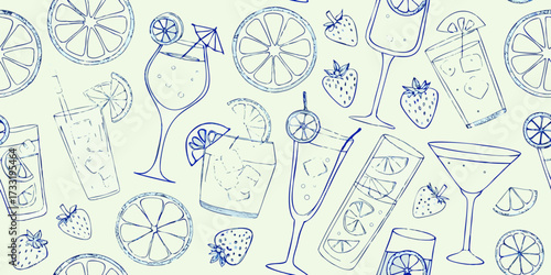 Refreshing summer drinks and fruits hand drawn sketch pattern with citrus slices and strawberries