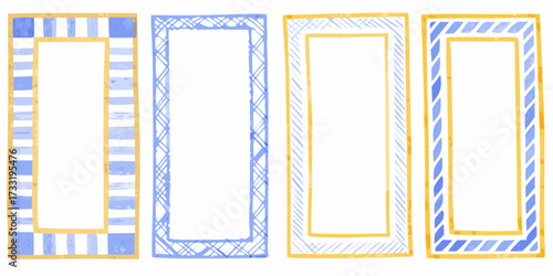 Four hand drawn rectangular frames with blue and yellow watercolor patterns and golden borders
