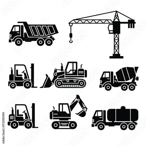 Heavy Construction Vehicles Silhouette Icons