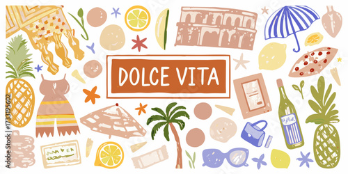 Dolce vita collection of italian summer icons and symbols with a tropical vibe