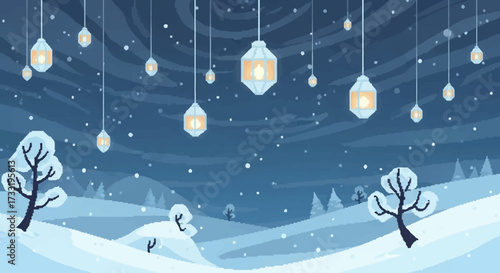Hanging lanterns illuminating a serene winter landscape at night.