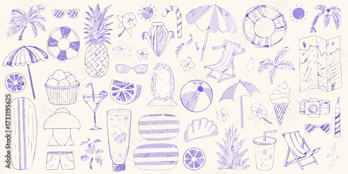 Whimsical hand drawn purple summer vacation icons and elements arranged in a collage pattern