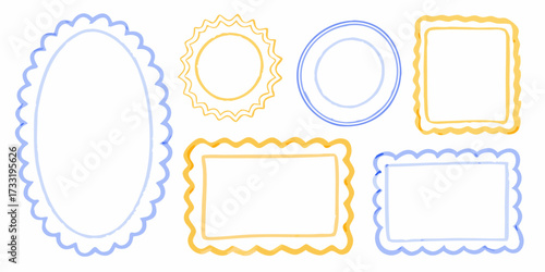 Collection of hand drawn scalloped and wavy frames in blue and yellow on white background