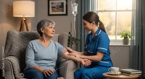 Compassionate healthcare scene: nurse assisting elderly woman with iv therapy at home for medical recovery and patient care