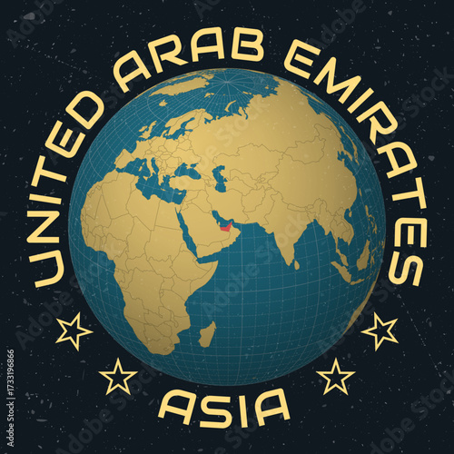 United Arab Emirates on Globe. Country name round text. Vintage look with grunge scratched texture. Country view on world map in Sky Blue Light Yellow color palette. United Arab Emirates shape on map.
