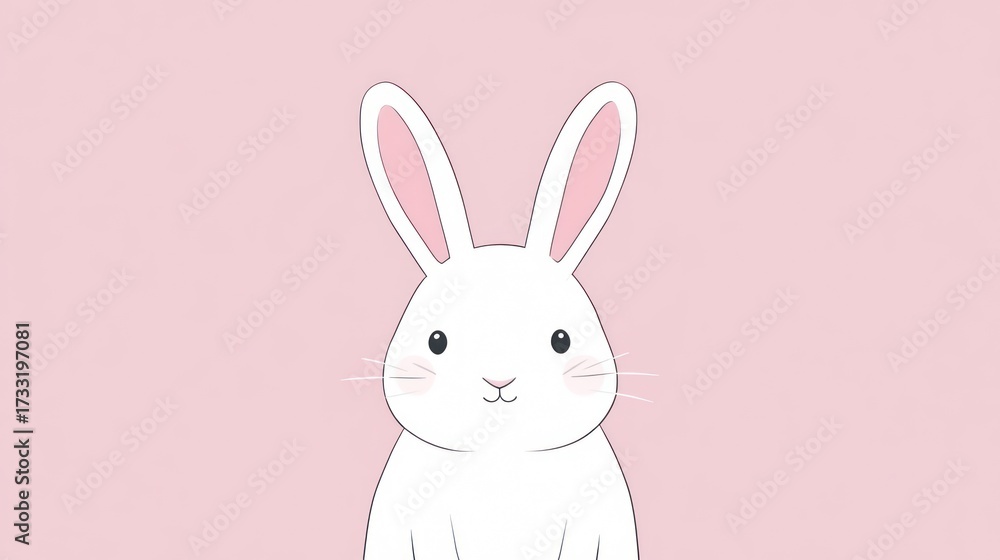 Obraz premium White cartoon bunny with pink ears and blush against a soft pink backdrop
