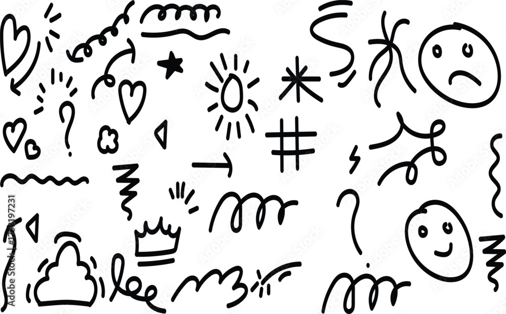 Fototapeta premium Collection of hand drawn doodle elements, including hearts, stars, question marks, faces, and abstract shapes
