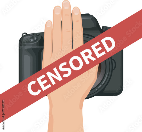 A hand blocks a camera lens, with a red banner reading "CENSORED".