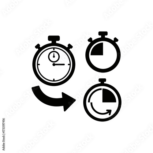 Four stylized clock icons showing reload, reset, and circular time flow, with different symbols.
