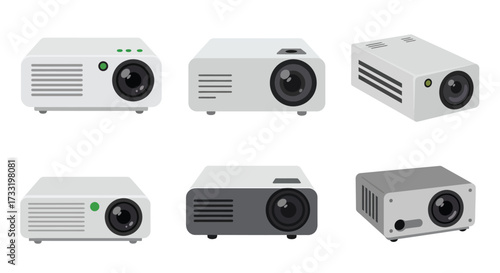 Various digital projectors displayed in a simple illustrative graphic style
