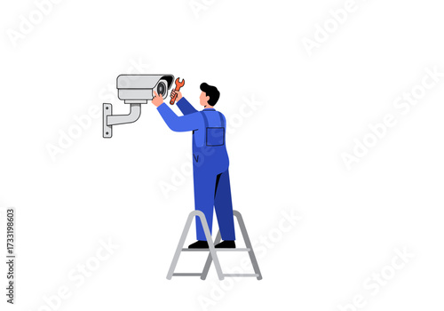 Technician installing a security device on a wall with a wrench from a ladder.