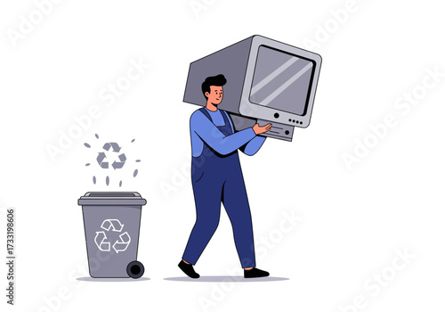A person in overalls carrying an old CRT computer monitor towards a recycling bin for electronic waste disposal.