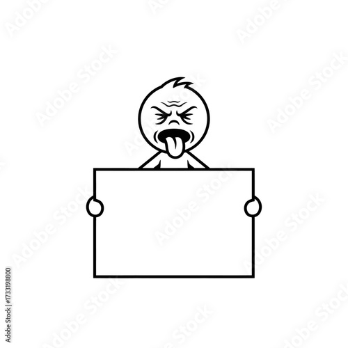 Disgusted stickman holding blank sign Vector cartoon of stickman character showing disgusted face while holding a blank sign.