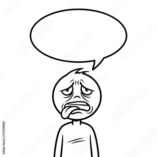 Stickman disgusted expression with speech bubble Vector illustration of a stick figure character showing disgust with a blank speech bubble for text.