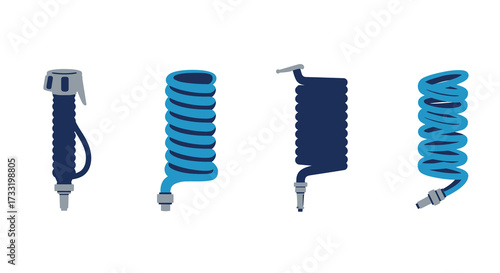 A selection of coiled garden hoses and spray nozzles isolated on white