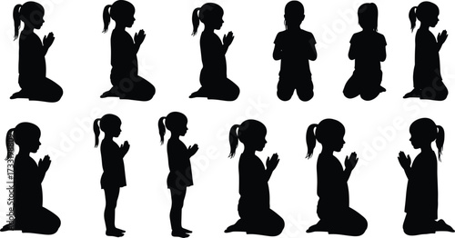 Silhouette of children praying, boys and girls kneeling in prayer, faith, worship, devotion, spirituality, meditation, religion, peace, belief, hope