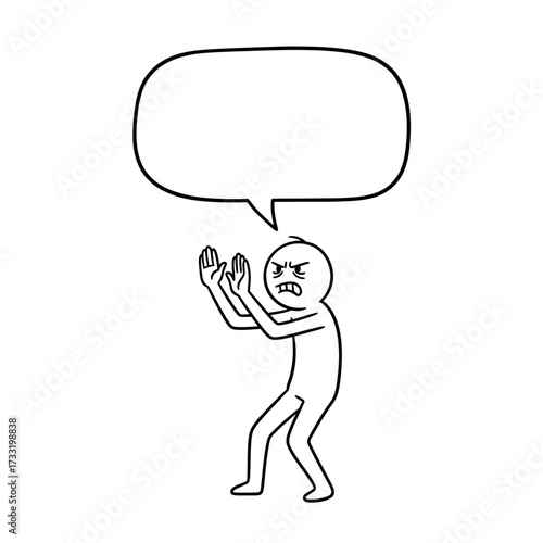 Disgusted stickman with raised hands and bubble Vector drawing of a stickman character expressing disgust and frustration with empty bubble.