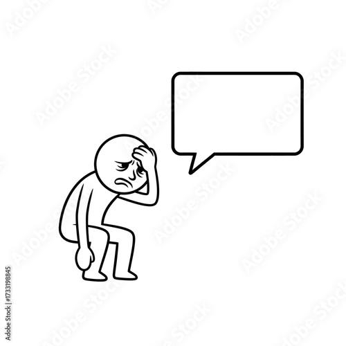 Stickman sitting with disgust expression and bubble
Vector drawing of stickman character sitting with disgusted face and speech bubble.