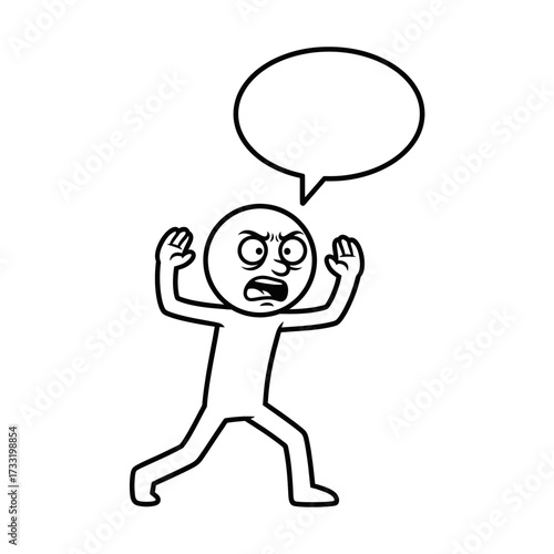 Stickman disgust pose with bubble Vector illustration of stick figure character showing disgust with clenched fists and bubble.