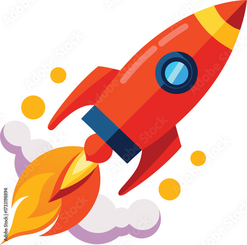 Cartoon rocket launching with fiery exhaust and stars