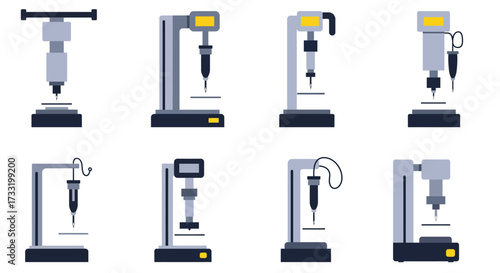 Illustrative depiction of various automated dispensing and drilling machines in grey tones