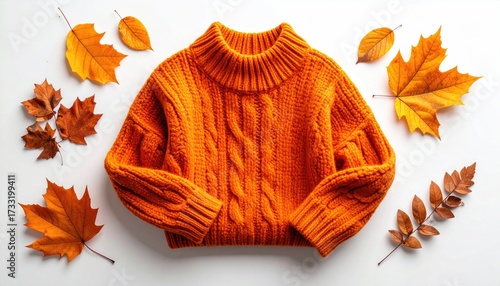 A cable-knit orange sweater surrounded by fall leaves on a white background