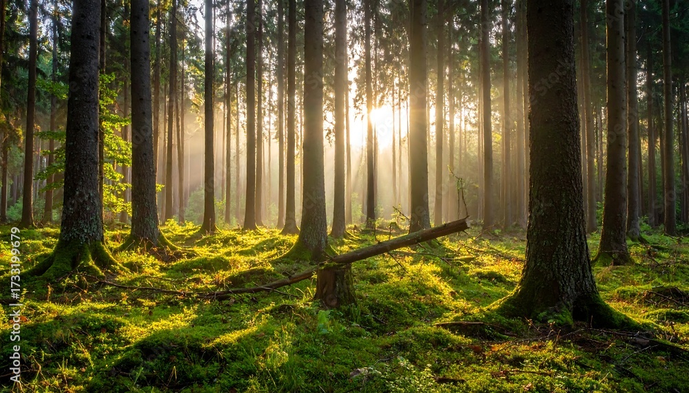 Obraz premium Sunrise in a misty forest (1)