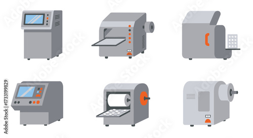 Illustrative depictions of various industrial machines and automated equipment